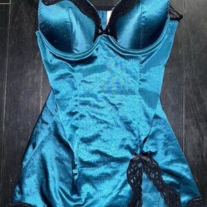 Native Teal Satin Chemise with Black Lace